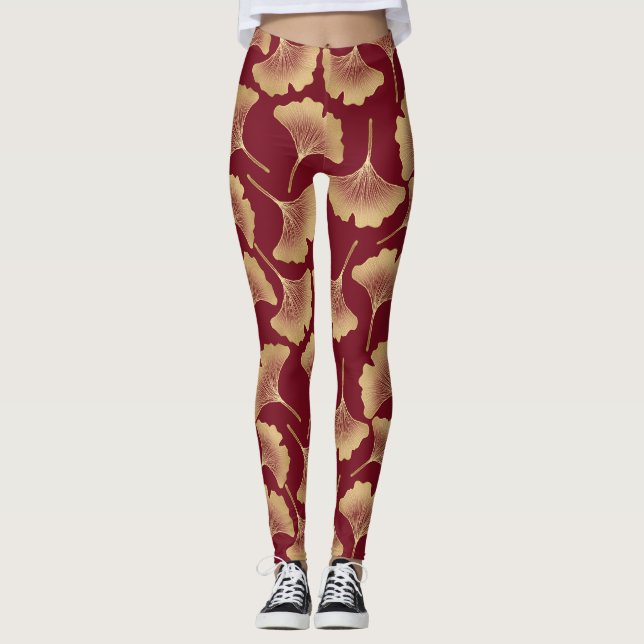 Gold Ginkgo Leaf Pattern in Burgundy for Botanical Leggings (Front)