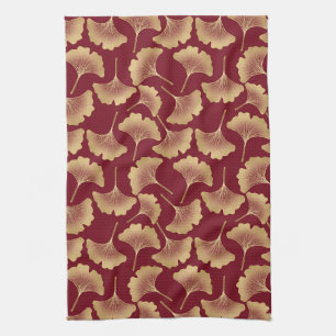 Gold Ginkgo Leaf Pattern in Burgundy for Botanical Tea Towel