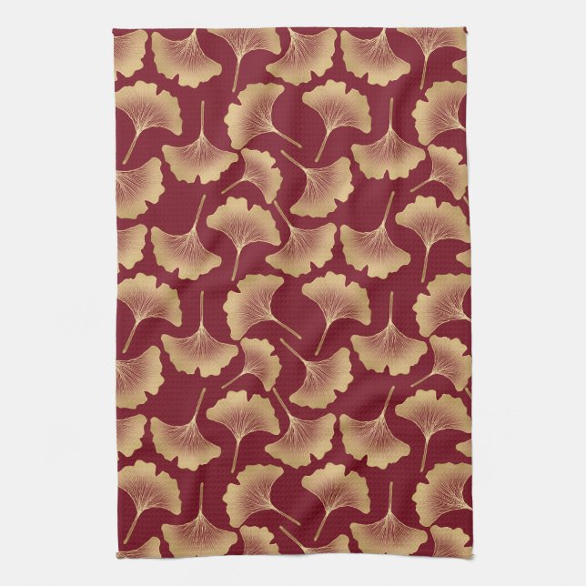 Gold Ginkgo Leaf Pattern in Burgundy for Botanical Tea Towel (Vertical)