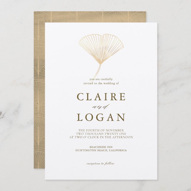 Gold Ginkgo Leaf White Wedding Invitation (Front/Back)