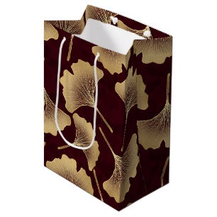 Gold Ginkgo Leaves Burgundy Botanical Pattern Medium Gift Bag