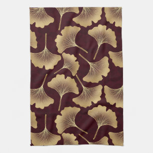 Gold Ginkgo Leaves Burgundy Botanical Pattern Tea Towel