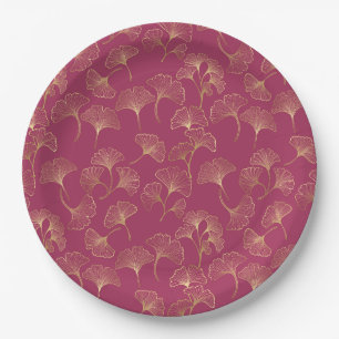 Gold Ginkgo Leaves Burgundy Luxury Botanical Paper Plate
