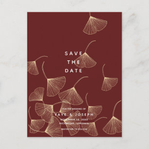 Gold Ginkgo Leaves Burgundy Save the Date Announcement Postcard