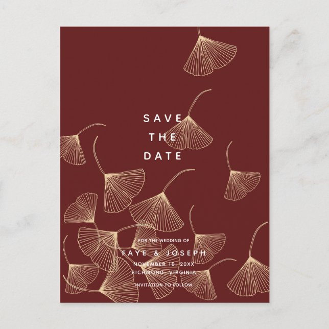 Gold Ginkgo Leaves Burgundy Save the Date Announcement Postcard (Front)