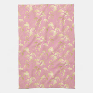 Gold Ginkgo Leaves on Blush Pink Botanical Pattern Tea Towel