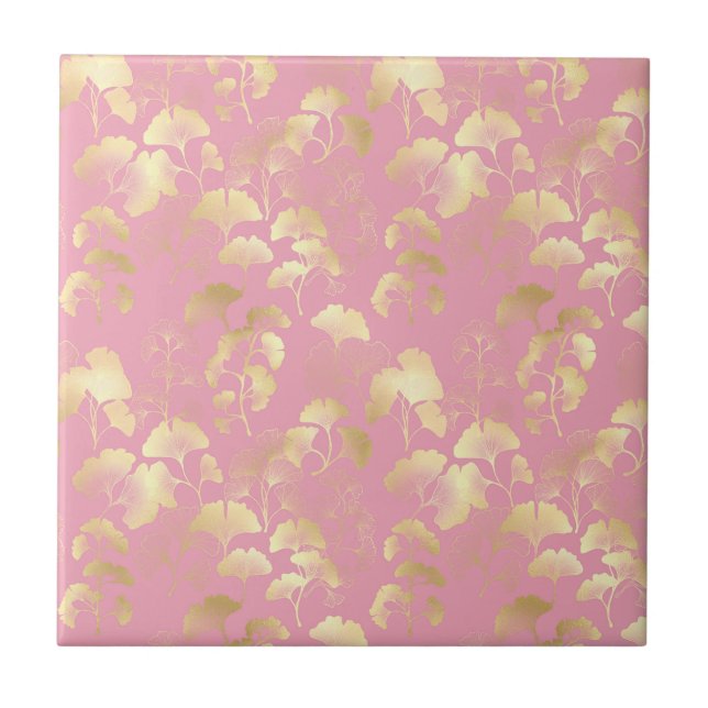 Gold Ginkgo Leaves on Blush Pink Botanical Pattern Tile (Front)