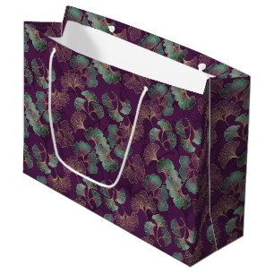 Gold Ginkgo Leaves on Purple Botanical Pattern Large Gift Bag