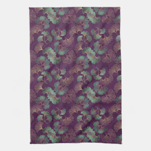 Gold Ginkgo Leaves on Purple Botanical Pattern Tea Towel