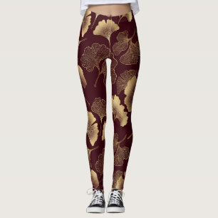 Gold Ginkgo Leaves on Red Elegant Botanical (1) Leggings
