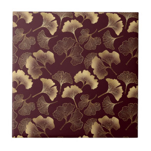 Gold Ginkgo Leaves on Red Elegant Botanical (1) Tile