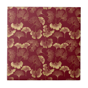 Gold Ginkgo Leaves on Red Elegant Botanical (2) Tile