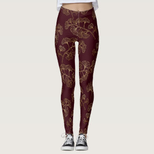 Gold Ginkgo Leaves on Red Elegant Botanical (3) Leggings
