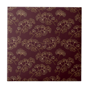 Gold Ginkgo Leaves on Red Elegant Botanical (3) Tile