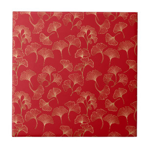 Gold Ginkgo Leaves on Red Elegant Botanical (4) Tile
