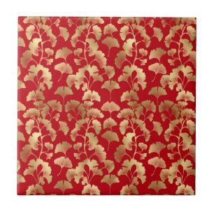 Gold Ginkgo Leaves on Red Elegant Botanical (5) Tile