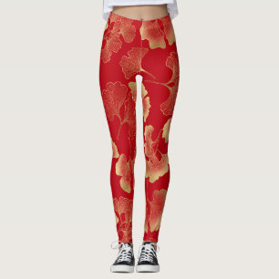 Gold Ginkgo Leaves on Red Elegant Botanical (7) Leggings