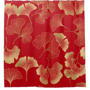 Gold Ginkgo Leaves on Red Elegant Botanical (7) Shower Curtain