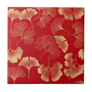 Gold Ginkgo Leaves on Red Elegant Botanical (7) Tile
