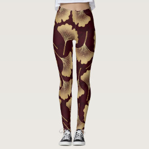 Gold Ginkgo Leaves on Red Elegant Botanical (8) Leggings
