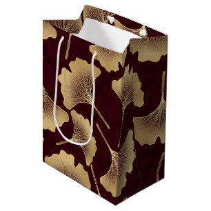 Gold Ginkgo Leaves on Red Elegant Botanical (8) Medium Gift Bag