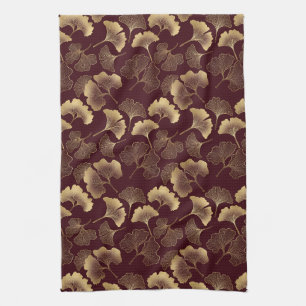 Gold Ginkgo Leaves on Red Elegant Botanical Tea Towel