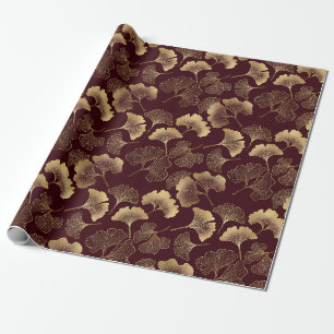 Gold Ginkgo Leaves on Red Elegant Botanical Wrapping Paper