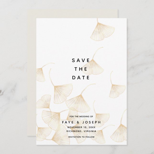Gold Ginkgo Leaves White Save the Date Card (Front/Back)