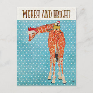 Gold Giraffe & Little Bird Christmas Postcard
