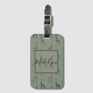 Gold Giraffe on Sage Green Monogram Luggage Tag