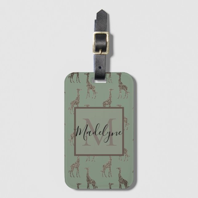 Gold Giraffe on Sage Green Monogram  Luggage Tag (Front Vertical)