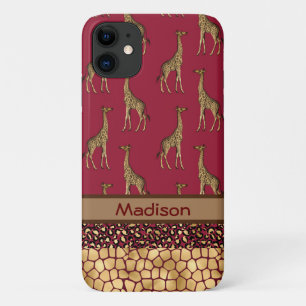 Gold Giraffe Stylish Burgundy Name Chic Jungle Case-Mate iPhone Case