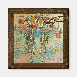 Gold Giraffes Smell the Roses Magnet