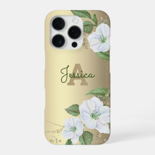 Gold Girly Floral Watercolor Glam Monogram Script iPhone 16 Pro Case