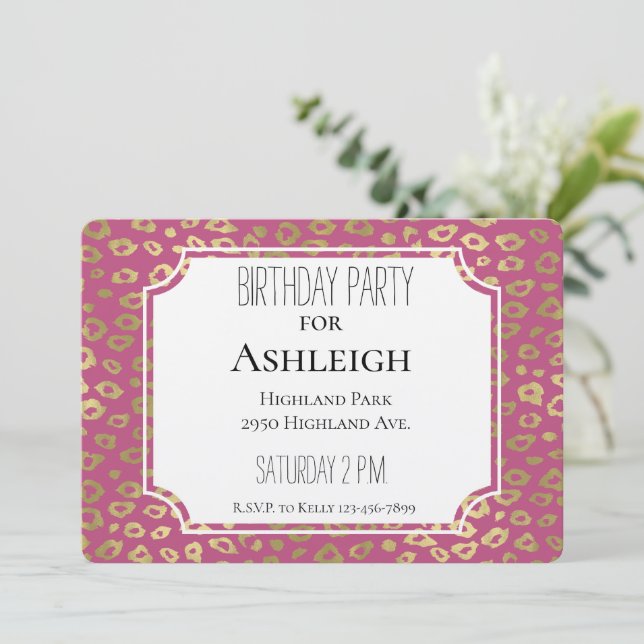 Gold Girly Pink Leopard Print birthday Invitation (Standing Front)
