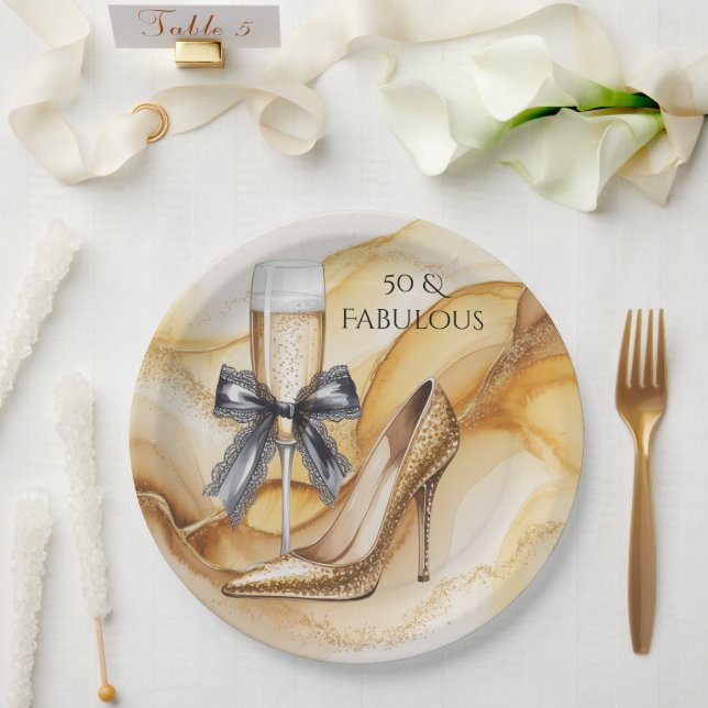 Gold Gitter High Heel 50 & Fabulous Birthday Party Paper Plate (Wedding)
