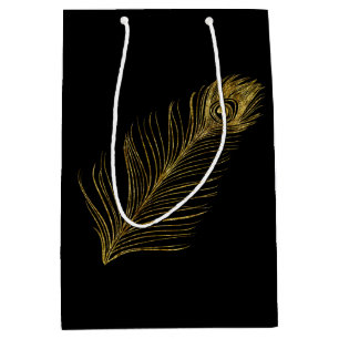 Gold Glam and Black Peacock Feather Medium Gift Bag
