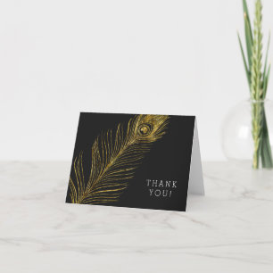 Gold Glam and Black Peacock Feather Thank you Card