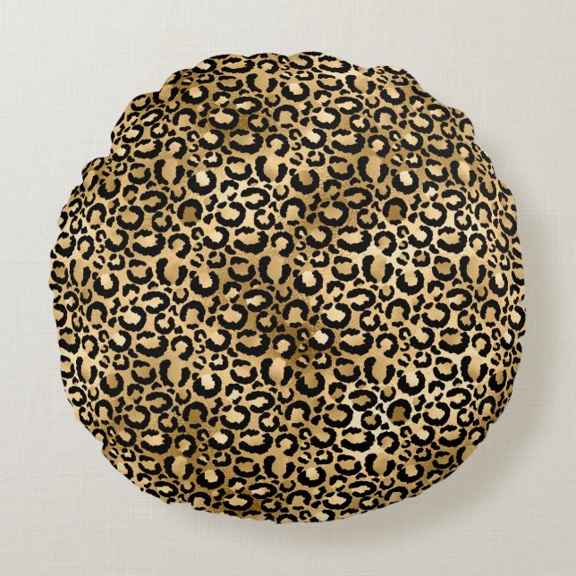 Gold Glam Black Leopard Print Round Cushion (Front)
