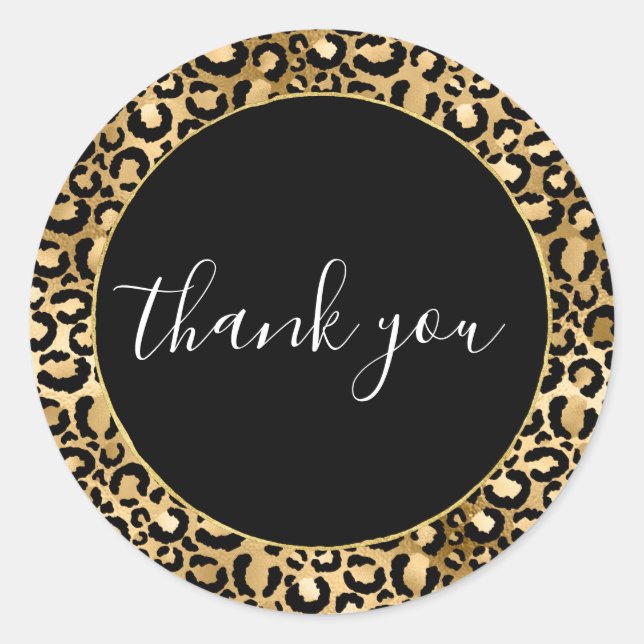 Gold Glam Black Leopard Print Thank you Classic Round Sticker (Front)