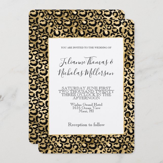 Gold Glam Black Leopard Print Wedding Invitation (Front/Back)
