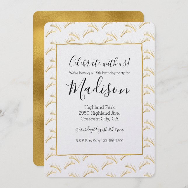 Gold Glam Eyelashes Birthday Invitation (Front/Back)