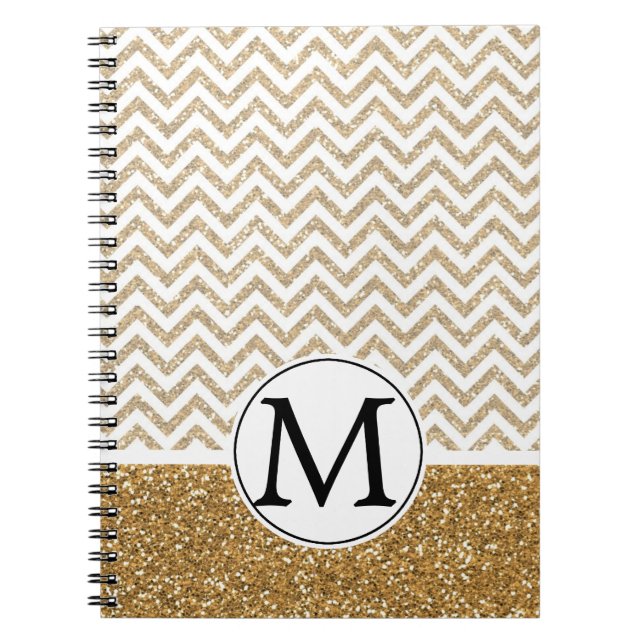 Gold Glam Faux Glitter Chevron Spiral Notebook (Front)