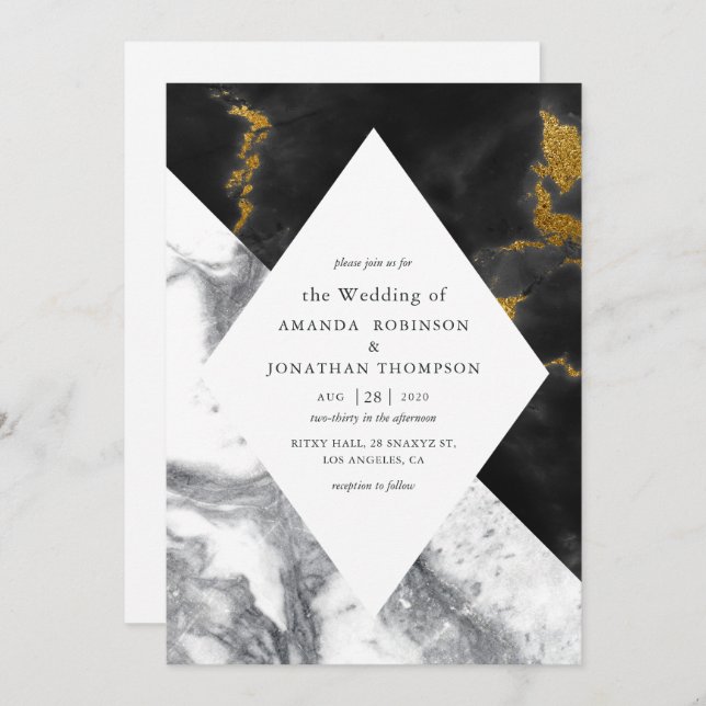 Gold Glam Faux Glitter Marble Wedding Invitation (Front/Back)