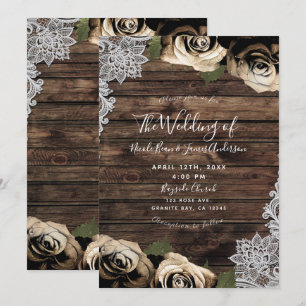 Gold Glam Floral Roses Rustic Wood Lace Wedding Invitation