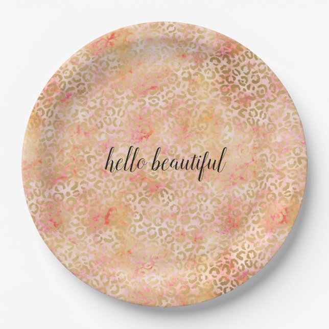 Gold Glam Girly Peach Pink Blush Leopard Print Paper Plate (Front)