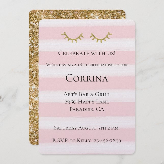 Gold Glam Glitter Eyelashes Stripes Birthday Invitation (Front/Back)