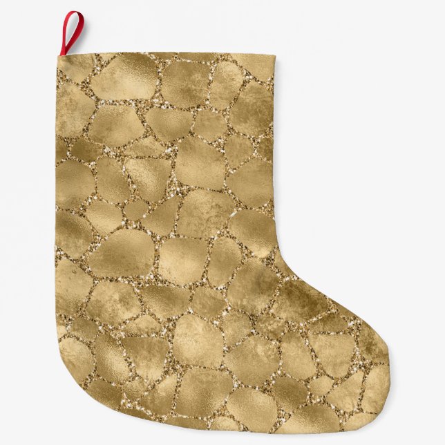 Gold Glam Glitter Giraffe Print   Large Christmas Stocking (Front)