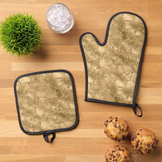 Gold Glam Glitter Giraffe Print     Oven Mitt & Pot Holder Set (Top Down)