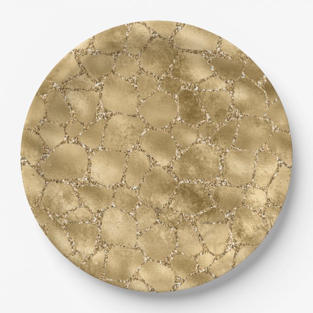 Gold Glam Glitter Giraffe Print   Paper Plate (Front)